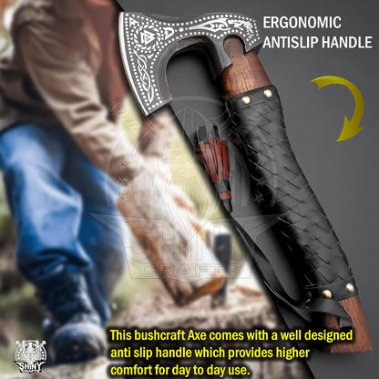 SHINY CRAFTS®- Engraved Viking Axe – Gift for Outdoorsman Hand-Forged Hatchet with Leather Wrap