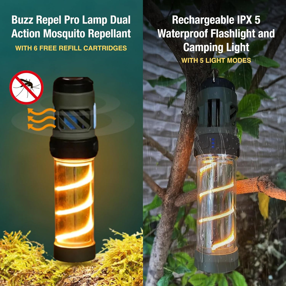 Rival Tac Buzz Repel Pro Lamp 3-in-1 Mosquito Repellent Rechargeable Flashlight, Citronella Outdoor