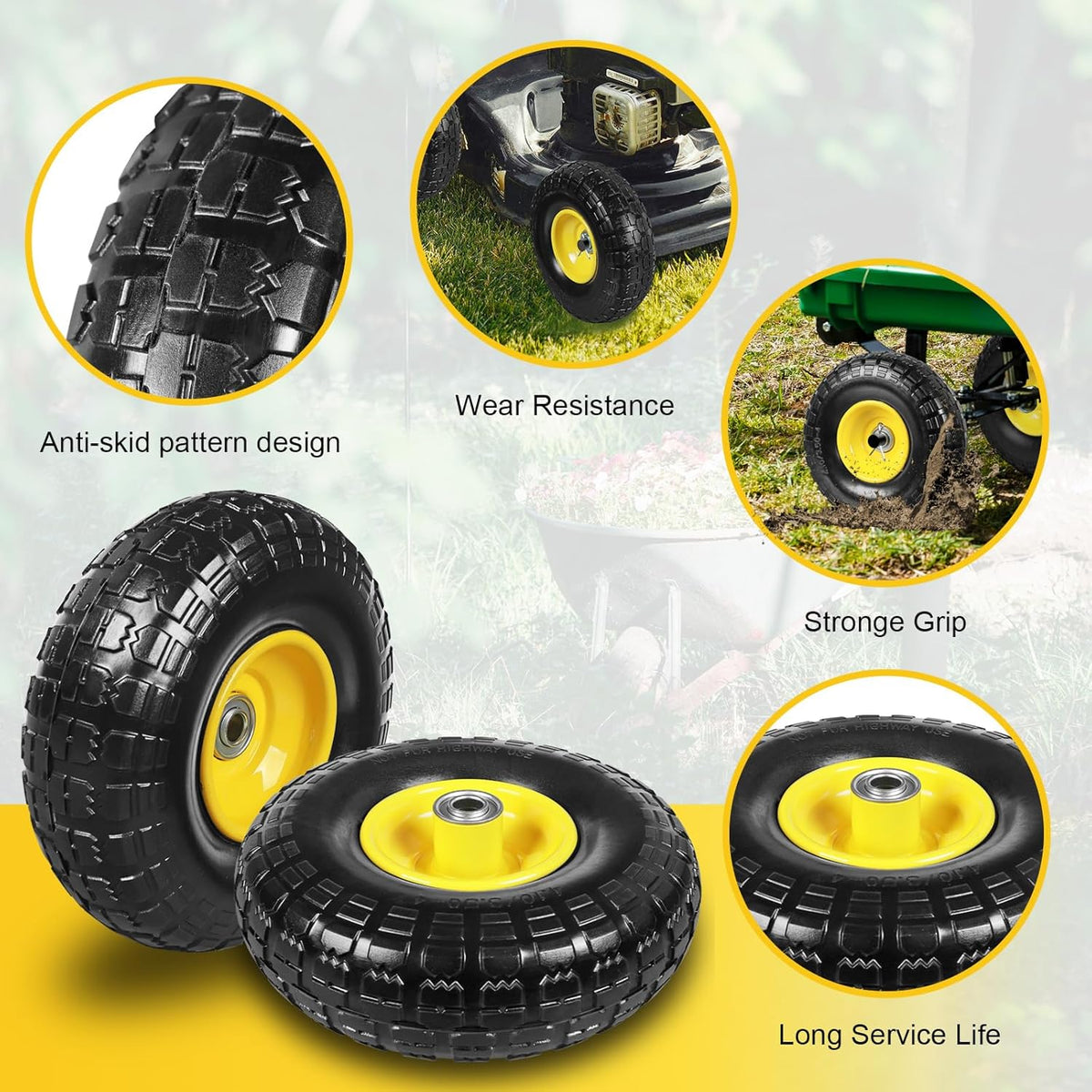 10 Inch Soild Rubber Dolly Tire Wheels, 4.10/3.50-4" Tire and Wheel Flat Free for Garden Carts