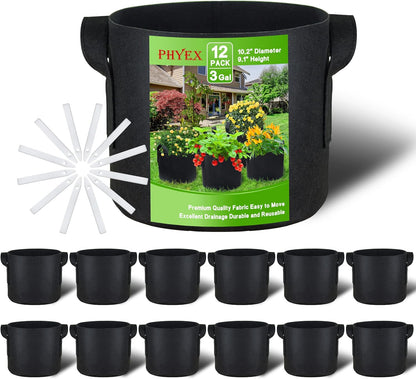 PHYEX 12-Pack 3 Gallon Grow Bags, Heavy Duty Fabric Pots with Handles, Reusable Plant Bags for