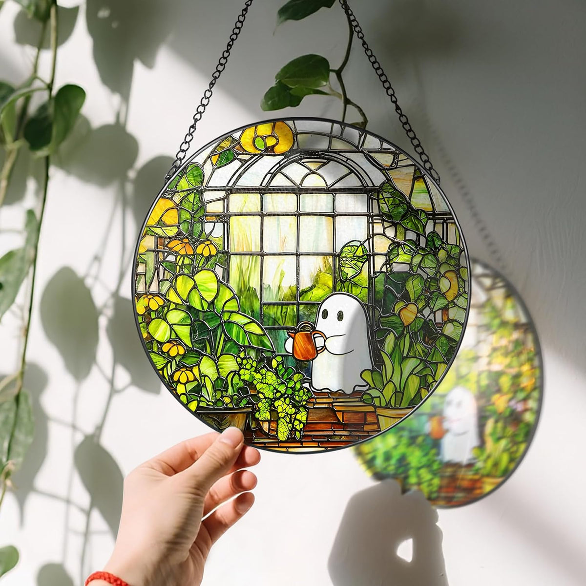 8'' Halloween Ghost Greenhouse Sun Catcher Ornament, Stained Glass Window Hanging, Sun Catchers for