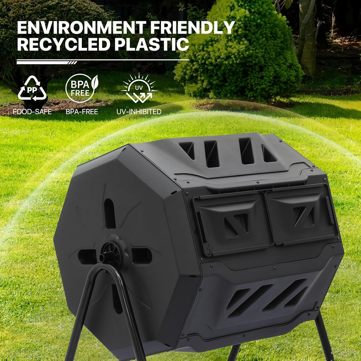MoNiBloom 43 Gallon Compost Tumbler, Outdoor BPA Free Large Dual Chamber Tumbling Compost Bin