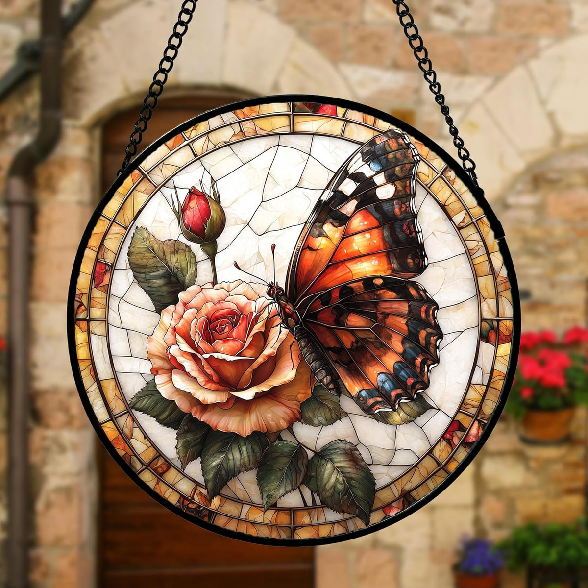 Stained Glass Window Hanging, Butterfly Picking Flowers Suncatcher for Doors Home Sun Catchers