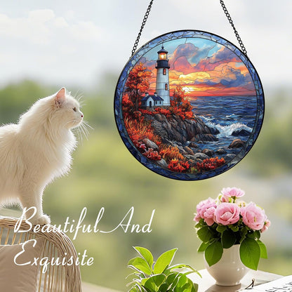 Coastal Lighthouse in Autumn Suncatcher -7.9 in Stained Glass Window Hanging Sun Catcher Garden