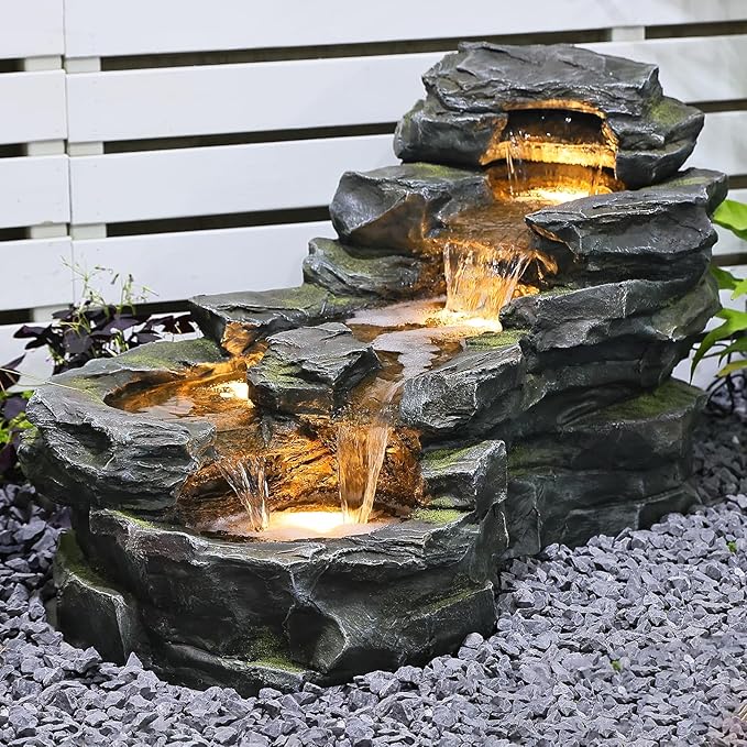 37" L Garden Outdoor Water Fountain, Floor Standing 5-Tiers Rock Natural Waterfall Outdoor
