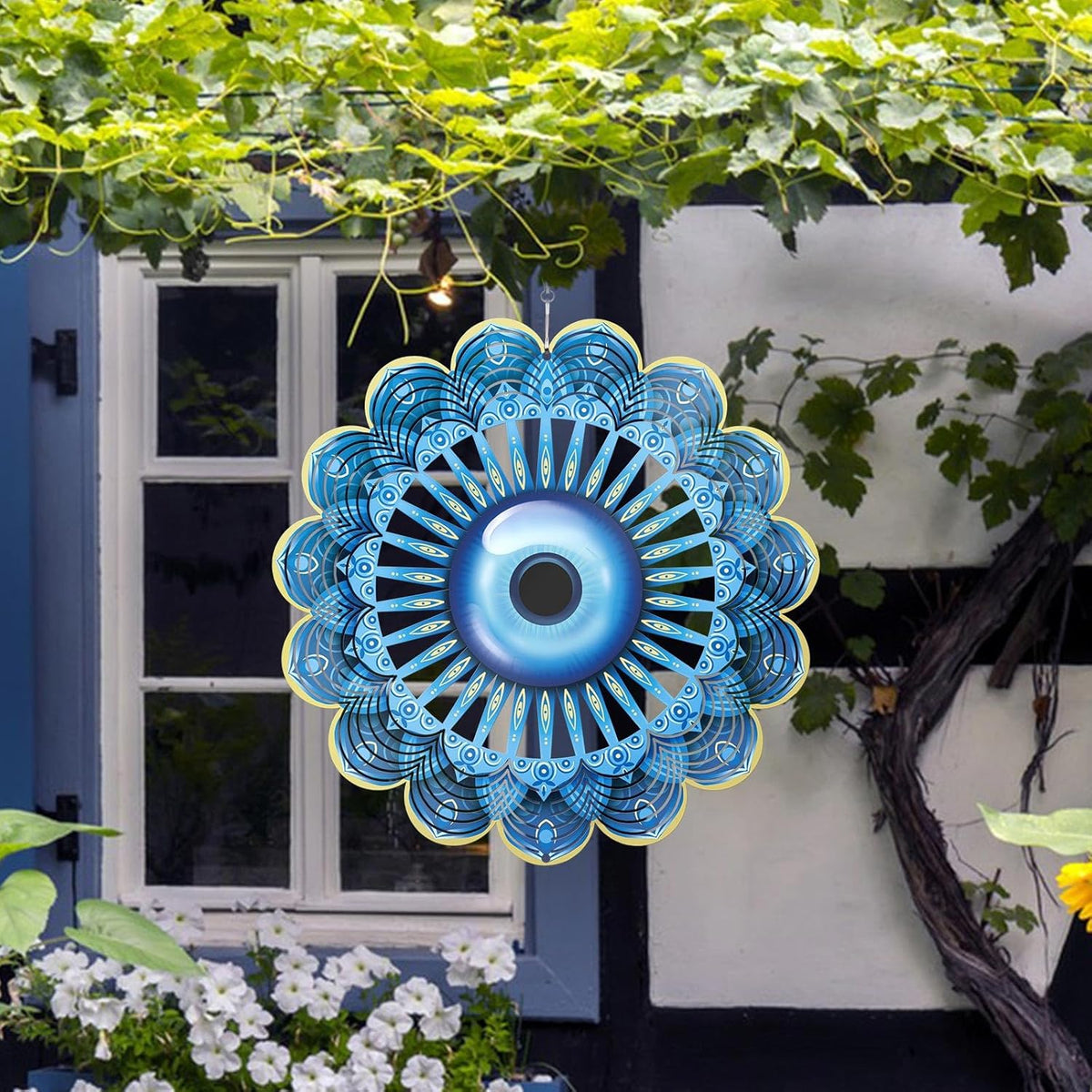 Blue Evil Eye Hanging Wind Spinners Outdoor Metal Evil Eye Decor Mandala 3D Stainless Steel Wind
