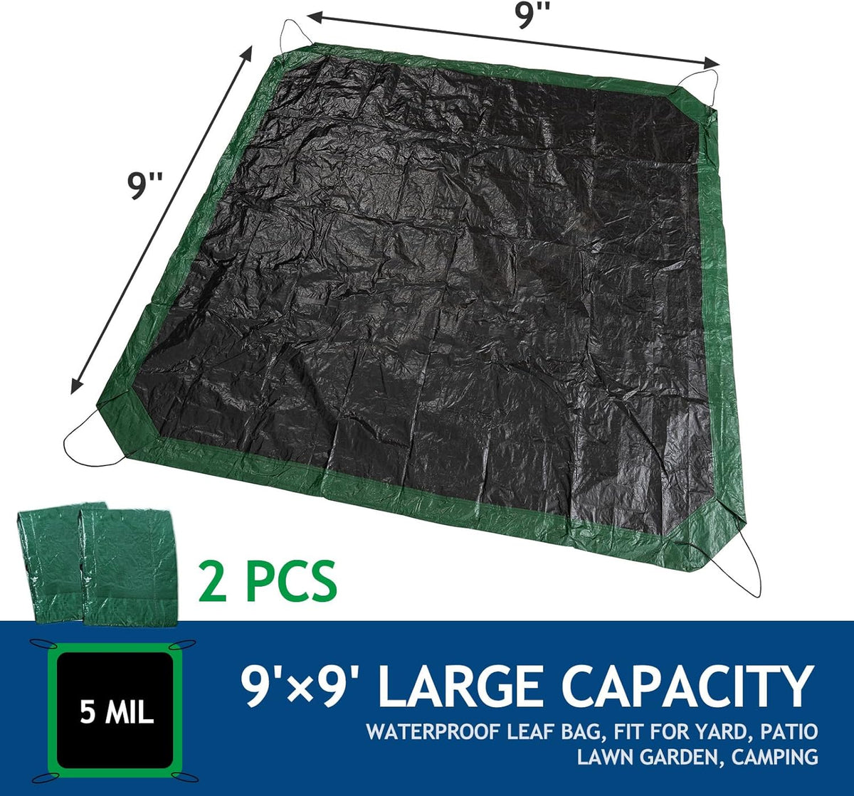 2 Pcs Leaf Tarp 9x9 Feet, Lawn Garden Leaf Tarp with 4 Drawstrings, Reusable Waterproof Poly Tarp
