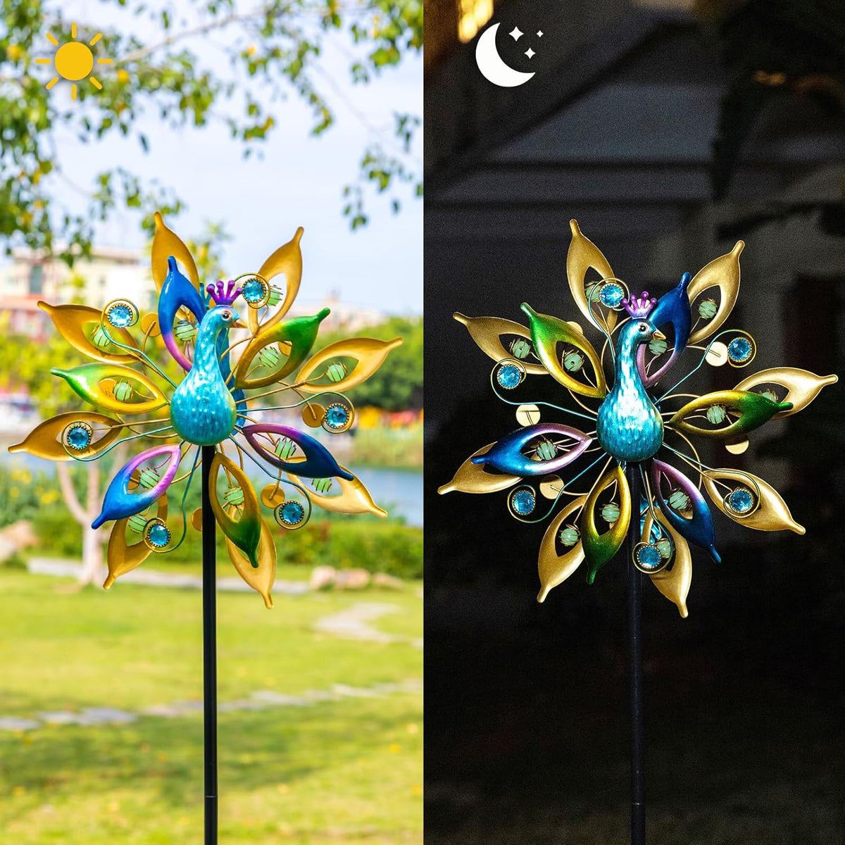 DREAMYSOUL Outdoor Peacock Wind Spinners with Gem Decor, 13" D*65" H Double Sided Kinetic Wind