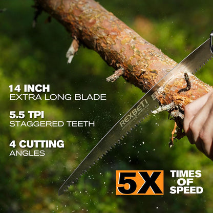 REXBETI Folding Saw, 14 Inch Blade for Dry Wood Trimming and Pruning, 4 Cutting Angles, SK-5 Steel