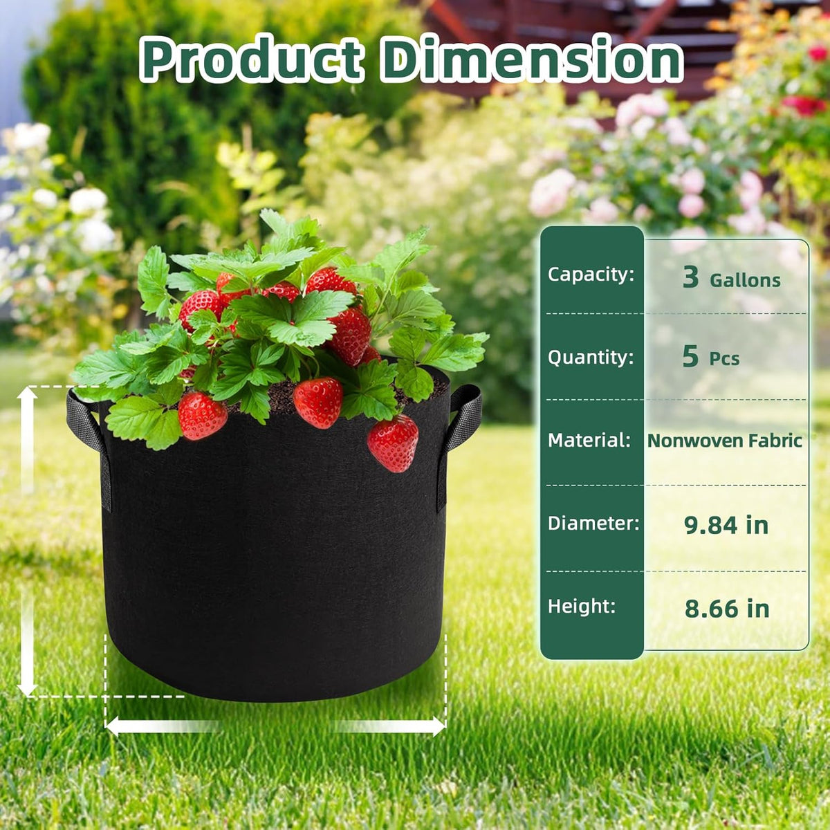 5 Pack 3 Gallon Fabric Grow Bags, Heavy Duty 300G Thickened Aeration Nonwoven Fabric Garden Pots