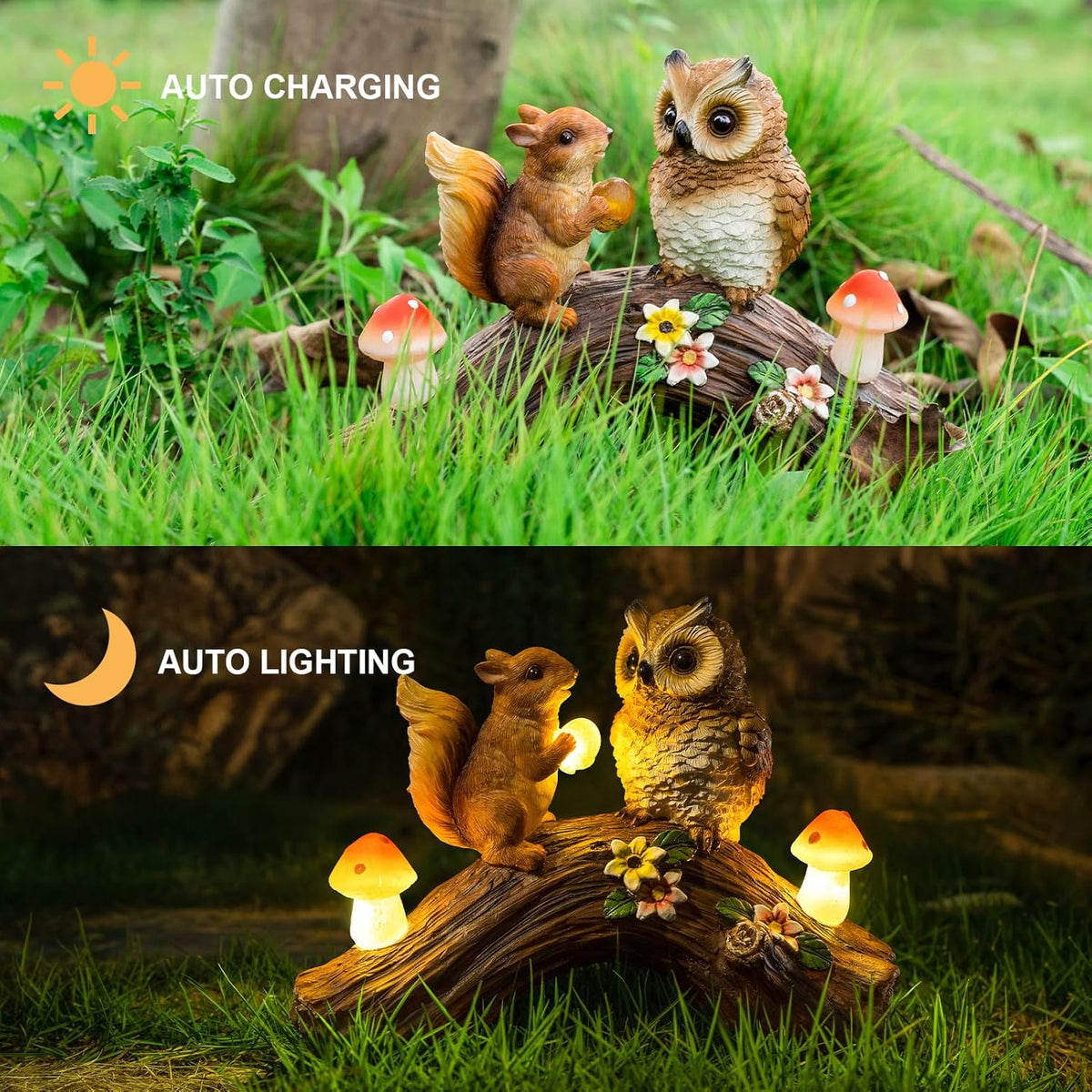 Solar Owl Garden Statues Outdoor Decor Resin Owl Squirrel Figurine with Mushroom Lights for Patio