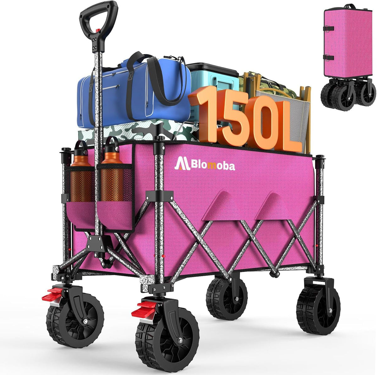 Collapsible Wagon Cart, 150L Heavy Duty Foldable Beach Wagon with Wider Wheels & Auto-Rebound
