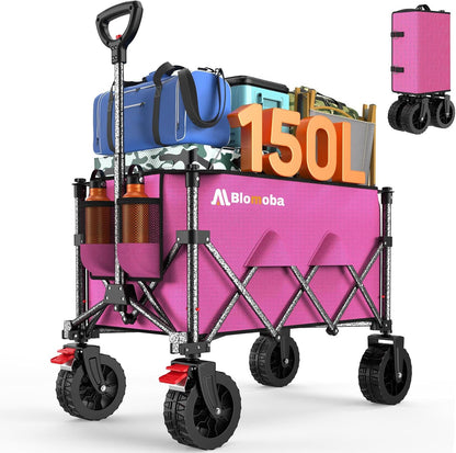 Collapsible Wagon Cart, 150L Heavy Duty Foldable Beach Wagon with Wider Wheels & Auto-Rebound