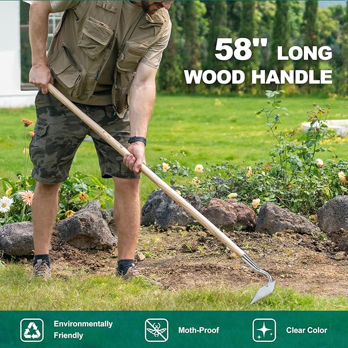 Berry&Bird Flat Edge Garden Hoe, 58'' Hoes Garden Tool with Long Wood Handle, Stainless Steel