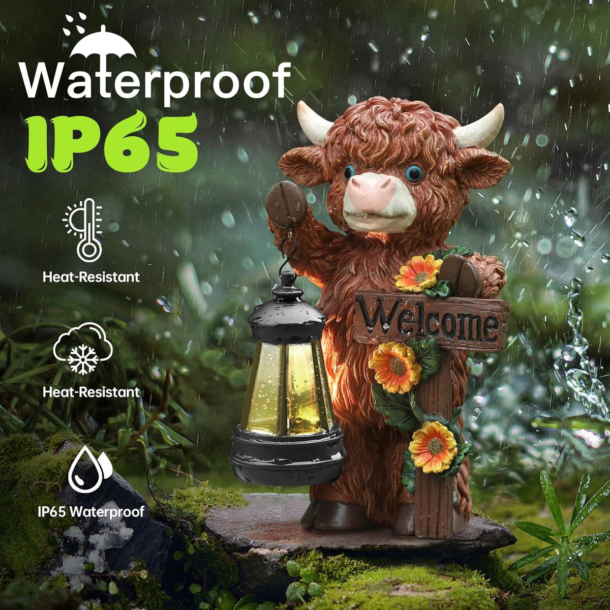 Solar Highland Cow Garden Decor - Outdoor Waterproof Resin Statues with LED Lights, Solar Patio