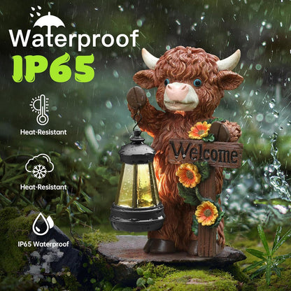 Solar Highland Cow Garden Decor - Outdoor Waterproof Resin Statues with LED Lights, Solar Patio