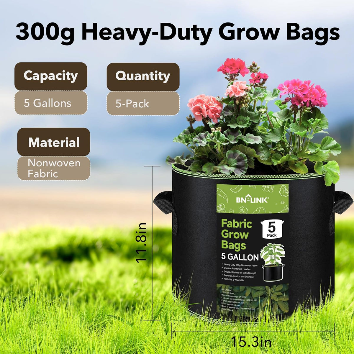 BN-LINK 5-Pack 5 Gallon Grow Bags, Heavy Duty Aeration Fabric Pots with Handles, Thickened Nonwoven