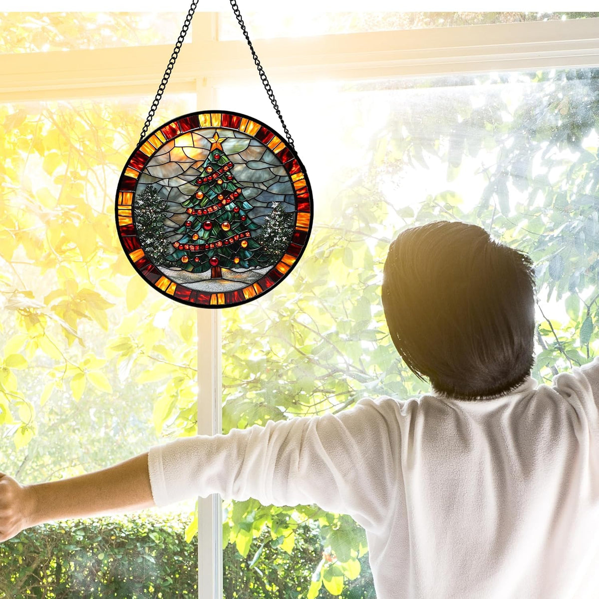 Stained Glass Window Hanging - Winter Christmas Tree Suncatcher Ready to Hang Window Doors Home