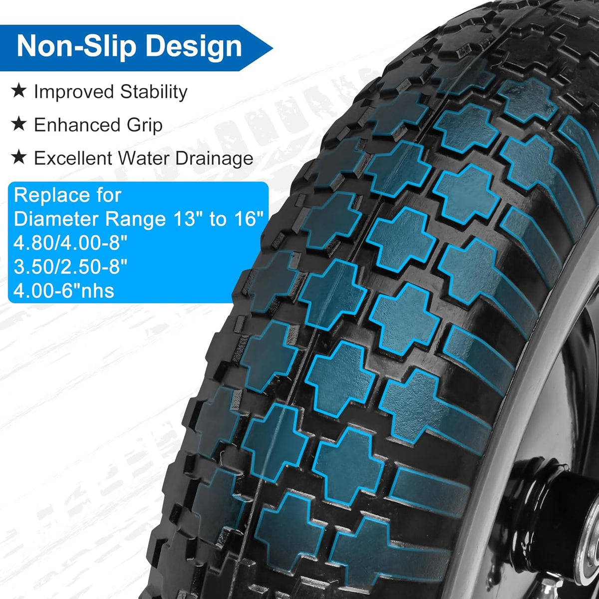 4.80/4.00-8" Flat Free Wheelbarrow Tire and Wheel, 14.5" Universal Fit Solid Tire with 5/8" or 3/4"