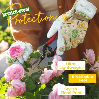 HANDLANDY Gardening Gloves for Women, Breathable Ladies Leather Garden Yard Gloves Best Gift for