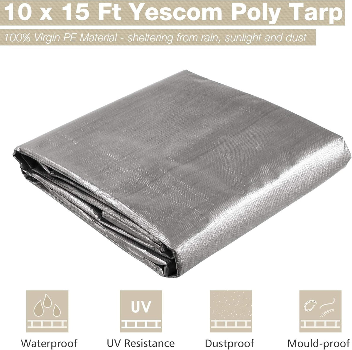 Yescom 10x15ft Heavy Duty Reinforced Poly Tarp 10-mil Waterproof Tarpaulin Ground Sheet Camping