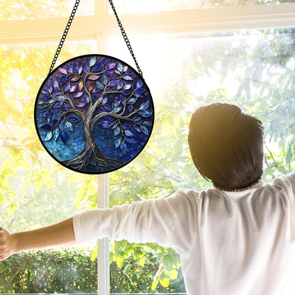 Stained Glass Window Hanging, Blue Purple Tree of Life Sun Catchers Colorful Glass Panel Plants