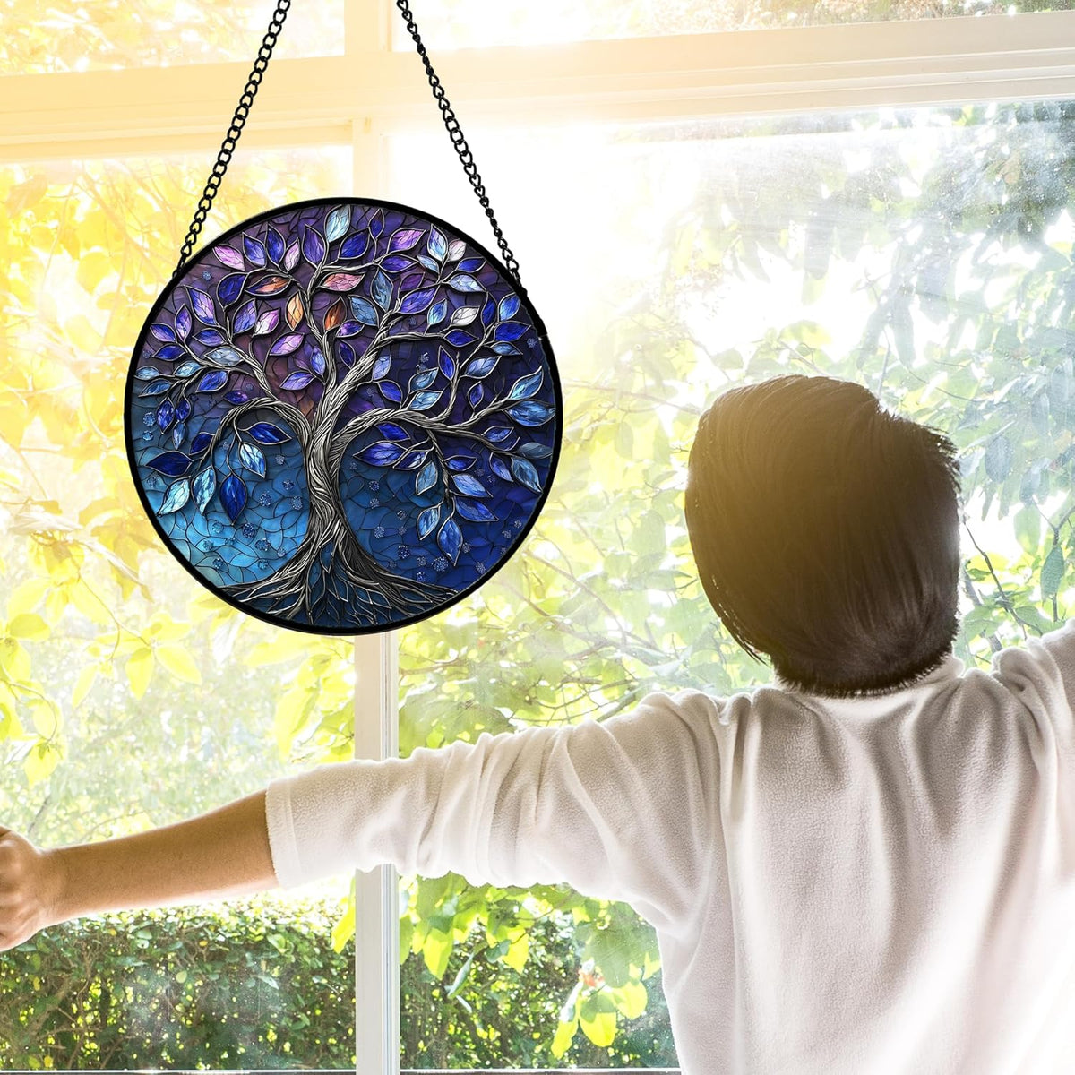 Stained Glass Window Hanging, Blue Purple Tree of Life Sun Catchers Colorful Glass Panel Plants