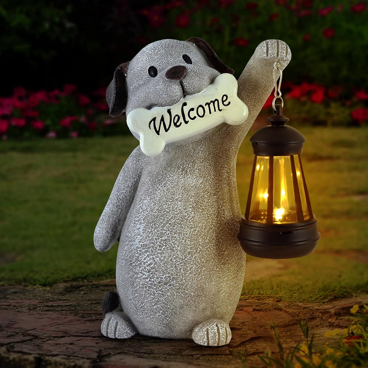 Solar Dog Garden Statue with Lantern Light – 9.2in Outdoor Dog Figurine for Yard Patio Garden