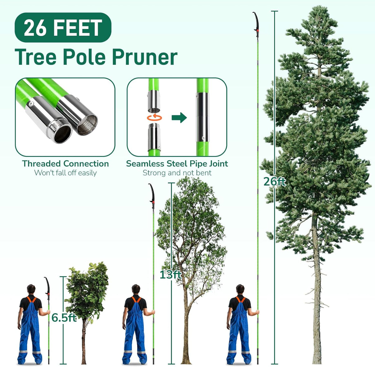 Outvita Manual Pole Saw, 26 Feet Extendable Tree Pruner with Knives and Storage Pocket, Sharp Steel