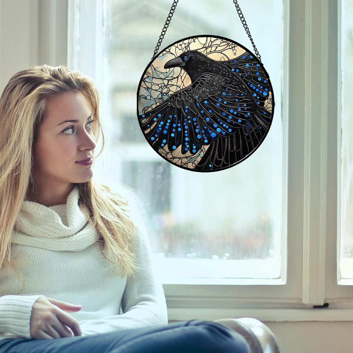 Stained Glass Window Hanging - Black Crow Big Wings Suncatcher for Doors Garden Patio Bird Sun