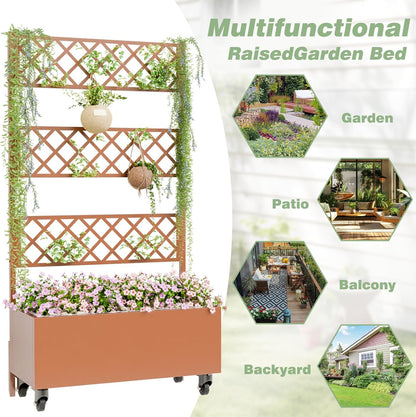 Kinchox Metal Raised Garden Bed with Trellis Outdoor Metal Planter Box with Planting Pockets Garden