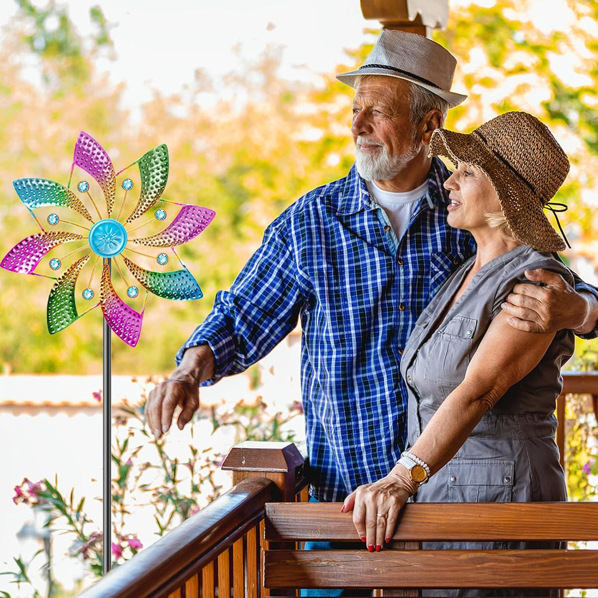 Colorful Outdoor Wind Spinner, Kinetic Small Garden Windmill with Stake, Geometric Metal Pinwheels