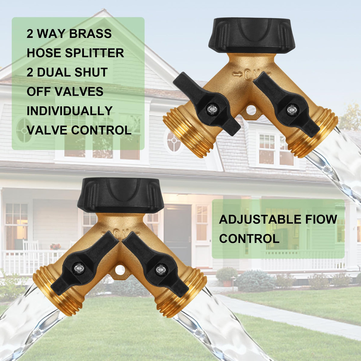 Biswing Garden Hose Splitter 2 Way, Heavy Duty Brass Connector Tap Splitter, Y Splitter 2 Valves