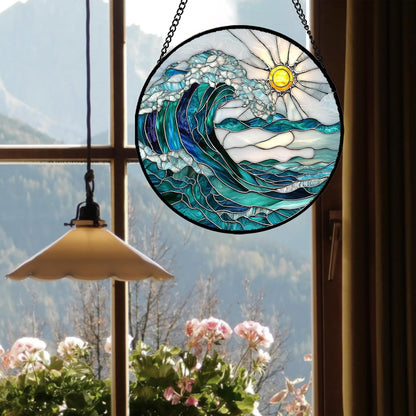 Stained Glass Window Hanging - Blue Green Waves Suncatcher for Door Terrace Garden Home Decor
