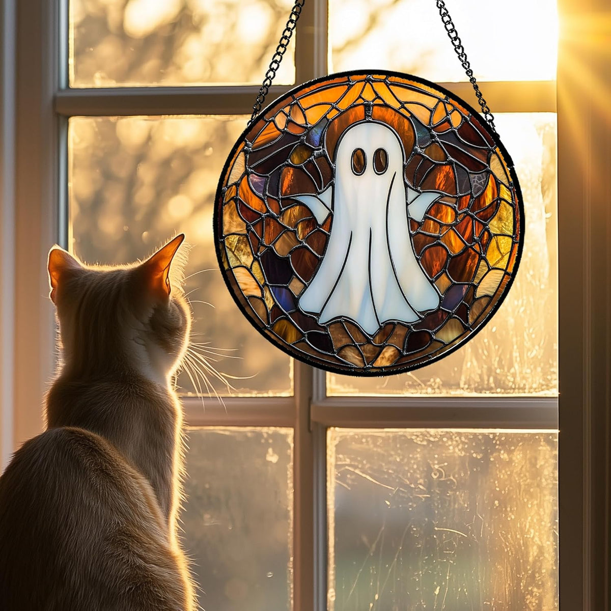 Stained Glass Window Hanging Halloween White Horror Ghost 7.8" - Suncatcher Door Garden Kitchen Sun