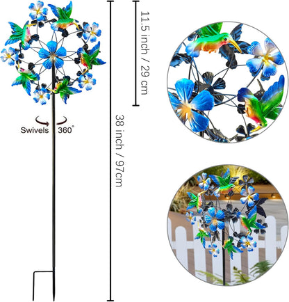 Double Blade Hummingbird Swivel Wind Spinners, Outdoor Garden Spinners 38inch Garden Stakes Decor