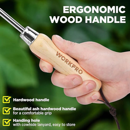 WORKPRO Dandelion Weeder Puller Tool with Wood Handle, Polished Stainless Steel Garden Weed Remover