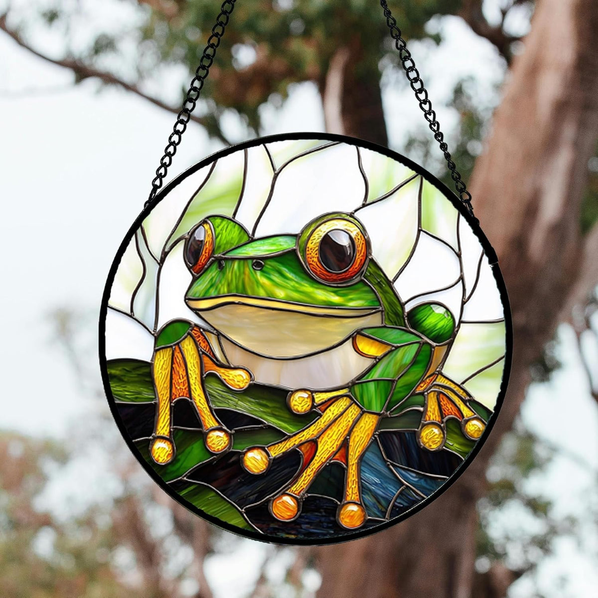 Stained Glass Window Hanging, Green Frog White Petals Sun Catchers Colorful Glass Panel Cute