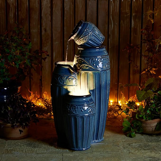 Glitzhome 35.5" H Oversized Outdoor Water Fountain with LED Lights and Pump, 4 Tier Turquoise