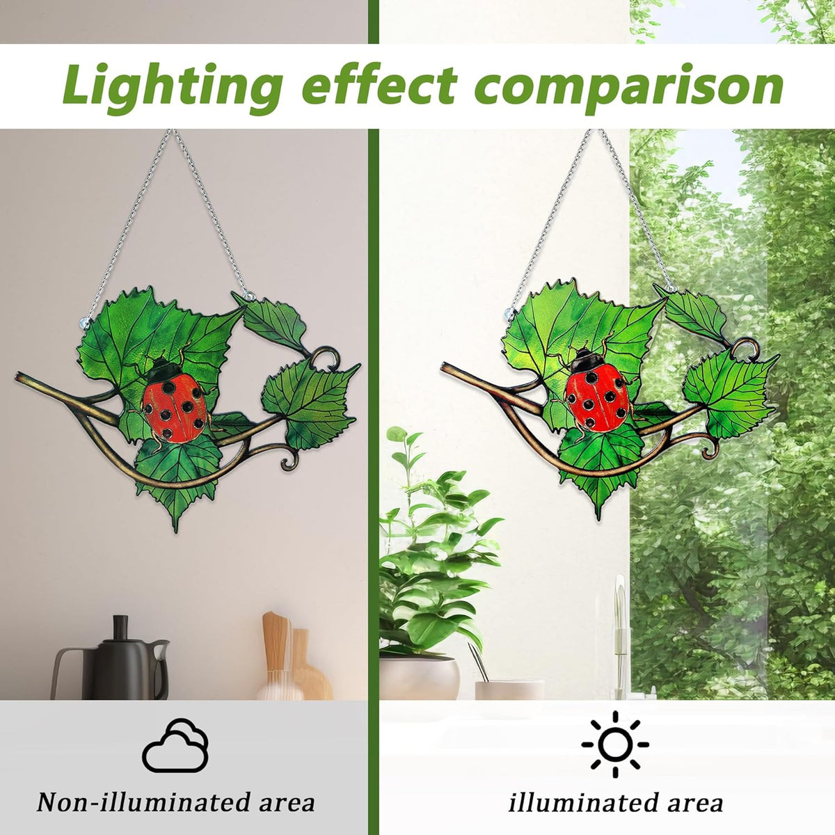 Stained Glass Suncatcher Window Hanging, Ladybug Sun Catchers Indoor Window, Green Leaves and