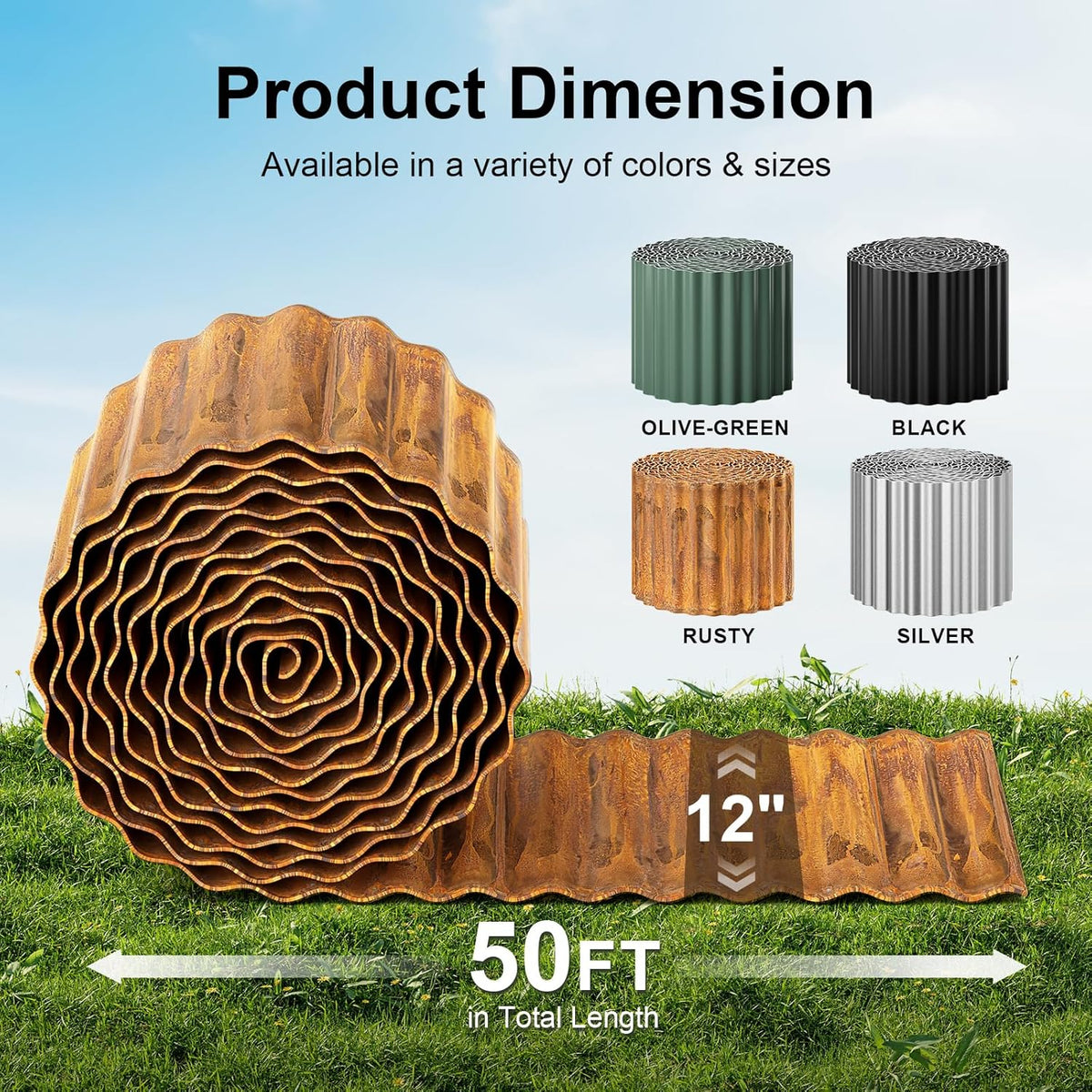 Land Guard Corrugated Garden Edging Border, 12" x 50' Landscape Paver Edging, Tall Landscape