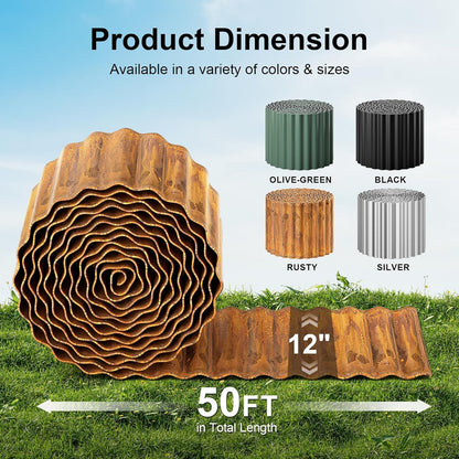 Land Guard Corrugated Garden Edging Border, 12" x 50' Landscape Paver Edging, Tall Landscape