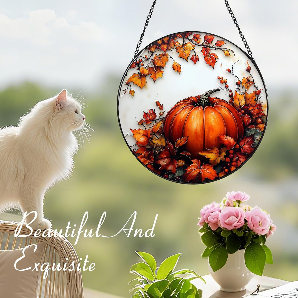 Pumpkin Maple Leaf Suncatcher -7.9 in Stained Glass Window Hanging Sun Catcher Garden Decor