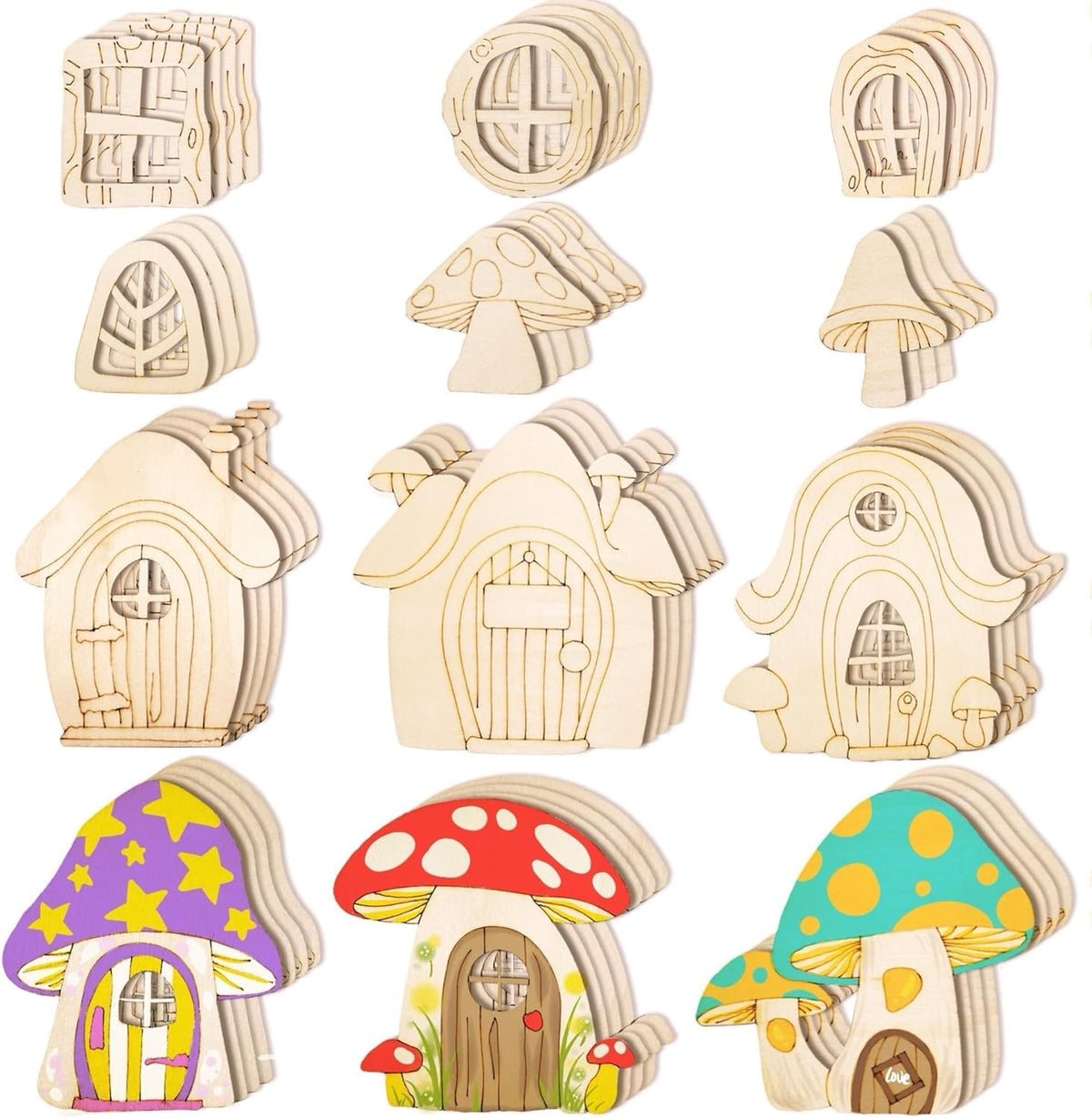 48 Pcs Fairy Door & Window Craft Kit - Wooden Garden Doors, Mini Fences, Unpainted Miniature