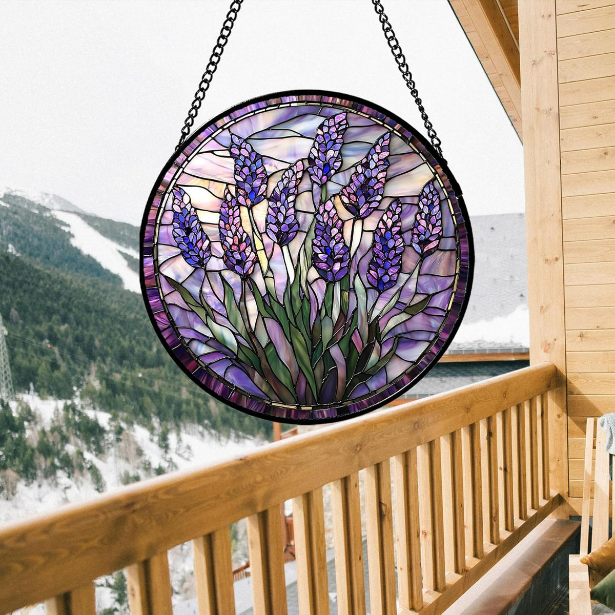 Stained Glass Window Hanging - Purple Flowers Suncatcher for Door Terrace Garden Home Decor