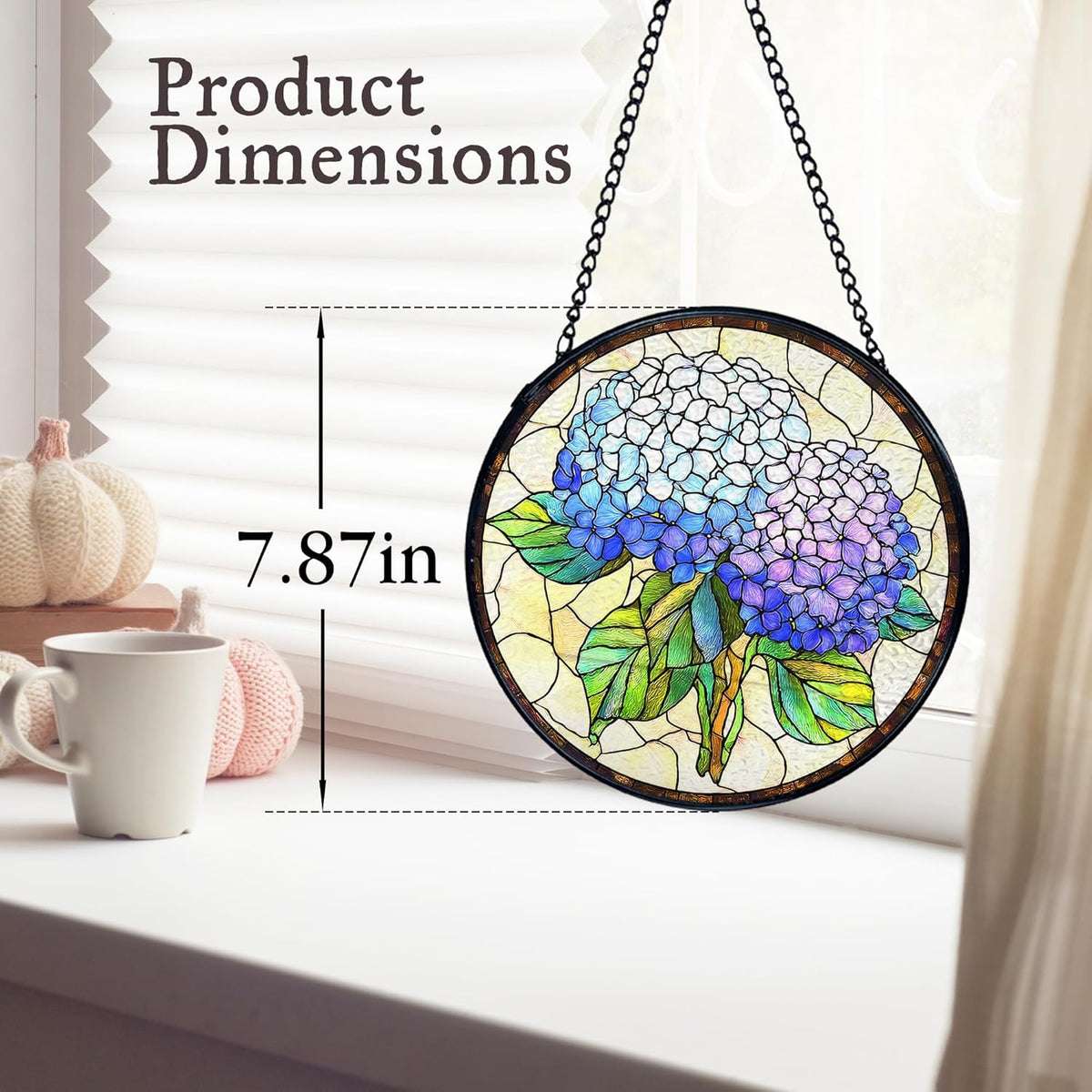 kdqua Hydrangea Flower Suncatcher Stained Glass Window Hanging, Blue Hydrangea Sun Catchers Indoor