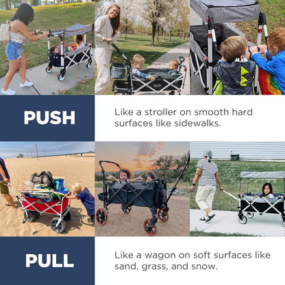 Creative Outdoor Wagon for Kids Push Pull Collapsible Stroller with Canopy Folding Cart | Titanium