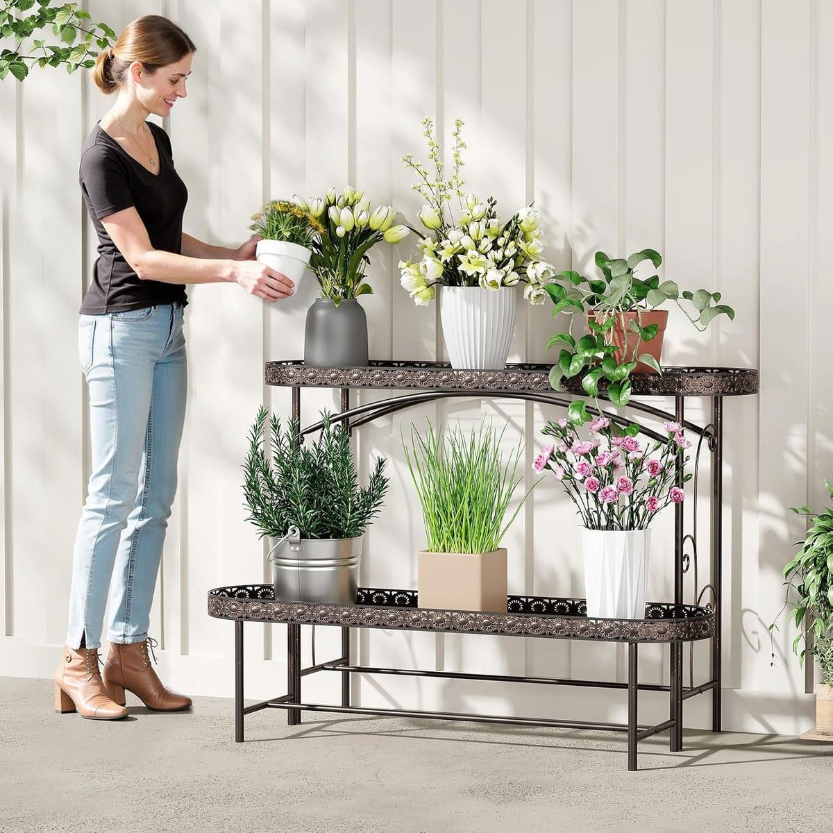 Plant Stand Outdoor Indoor 2 Tier Metal Pland Stand, Detachable Heavy Duty Tall Plant Shelf Rack