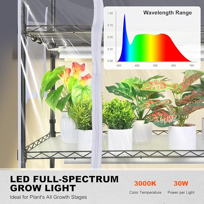 VEVOR Plant Stand with Grow Light, Grow Light Shelf with Cover and Thermometer, 4 Tiers 180W Plant