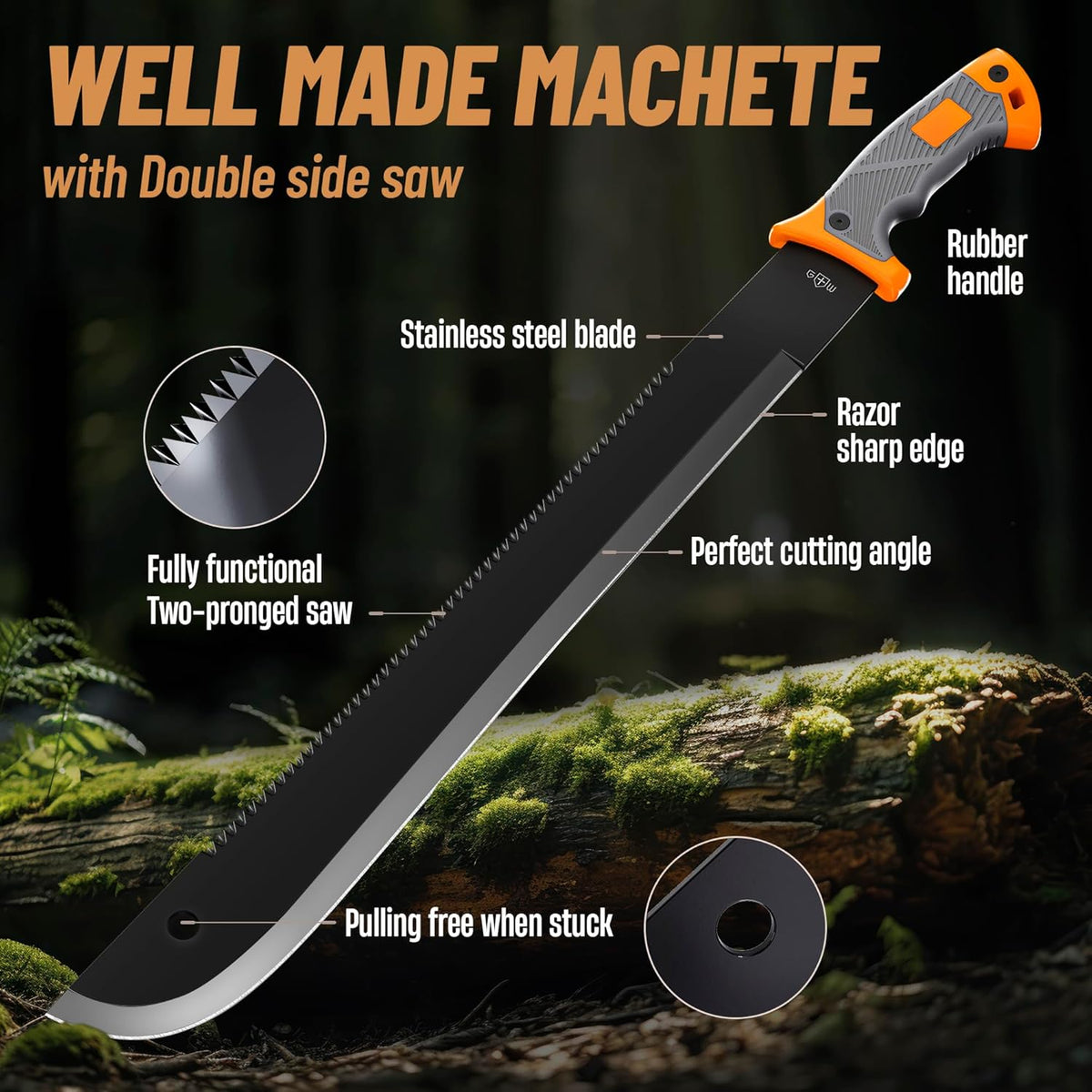 Machete with Saw - 25” Heavy Duty Tool & Sheath - Ergonomic No-Slip Handle - Survival Knife with